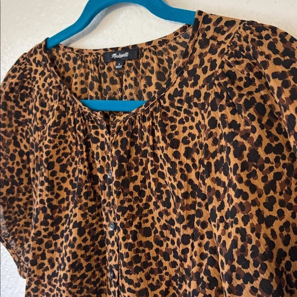 Madewell Leopard Animal Print Short Puff Sleeve Button Front Blouse S